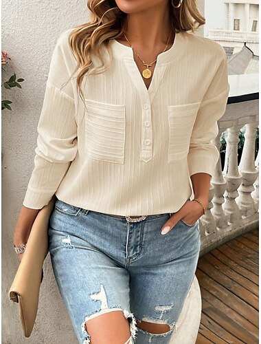  Dame Skjorte Bluse عادي Grunnleggende Moderne Langermet V-hals Vanlige topper Daglig Ferie Knapper Lomme Hvit Rosa Brun Beige Sommer