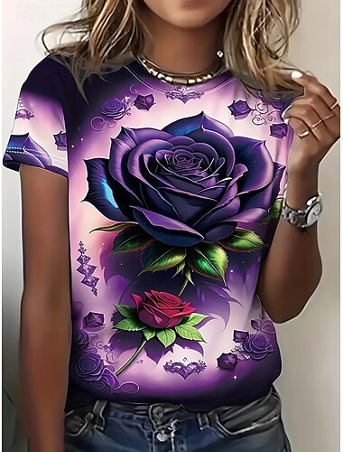  Mujer Camiseta Tops de verano Rosa Gradiente de Color Clásico Casual Manga Corta Cuello Barco Tops cortos Diario Fin de semana Estampado Arco Iris Verano Primavera Otoño