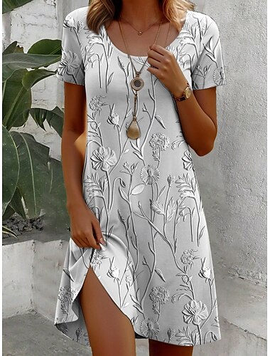  Damen Minikleid Freizeitkleid T-Shirt-Kleid Sommerkleid A Linie Kleid Bohemien Vintage Stilvoll Strand Normale Passform Blumen Grafik Boho Paisley Damast Kurzarm Rundhalsausschnitt Silber Khaki