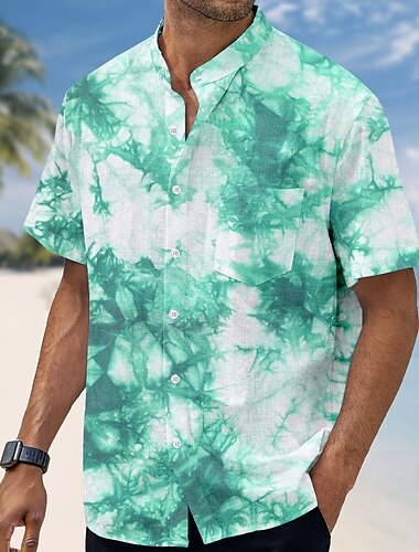  Men's Tie Dye Print Shirt Stand Collar Shirt Short Sleeve Fashion Casual Vacation Holiday Beach Wear Summer Spring Mandarin Collar Band Collar Grandad Collar Button Up 3D Print Linen Like Shirt Red