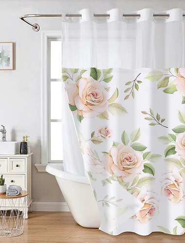  Waffelgewebe Floral Duschvorhang Set mit Snap-in Liner und durchsichtigen Fenster wasserabweisendes Polyester Ösenoberteil ohne Haken 120GSM Hotel Spa Badezimmer Abtrennung doppellagiges Design