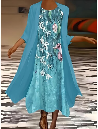  Frauen Kleid Set Maxikleid Sommerkleid Urlaub Lässig Ombré Floral Druck 3/4-Länge Ärmel Rundhalsausschnitt Hochzeitsgast Geburtstag Hellgrün Blaugrün Sommer Frühling Regulaere Passform