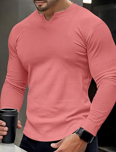  Herren T Shirt Geripptes Strick-T-Shirt T-Shirt Langarmshirt Langarm V Ausschnitt Sommer Einfach Grubenstreifen Mode Designer Basic Stricken Urlaub Straße Ausgehen Schwarz Weiß Rosa Top T-Shirt für