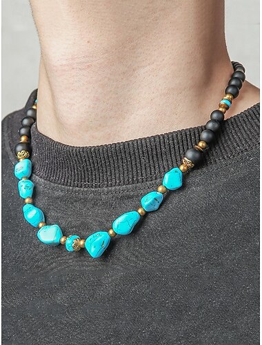  handgemaakte natuurstenen kralenketting voor mannen – vintage boho-stijl turquoise & zwarte agaat choker, tribale sieraden voor strand, reizen en vrijetijdskleding