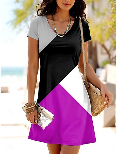  Damen Minikleid T-Shirt-Kleid A Linie Kleid Sommerkleid Lässig Täglich Normale Passform Grafik Geometrisch Farbblock Kurzarm Rundhalsausschnitt Rote Blau Purpur Grau Sommer Frühling