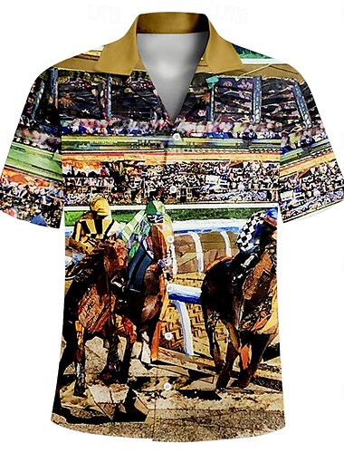  ケンタッキーダービー 男性用 競馬 シャツ キューバシャツ 半袖 ヴィンテージレトロ バケーション 祝日 祭り 夏 春 キャンプカラーシャツ 3Dプリント 面白いケンタッキーダービーシャツ ブラウン