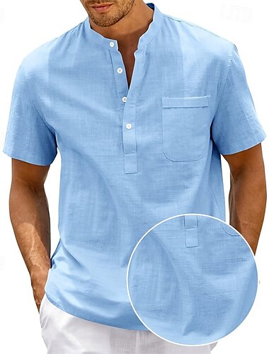  Voor heren Overhemd Zomer overhemd Normaal shirt Strand hemd Overhemd met knopen Licht Roze Zwart Wit Donker Marine blauw Korte mouw Effen Opstaande boord Vakantie Hawaii Zak Kleding Katoenmix