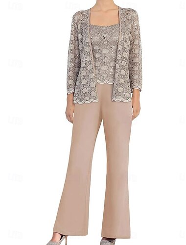  Hosenanzug Brautmutterkleid Elegant Einfach Rundausschnitt Knöchellänge Polyester Langarm mit Spitze Einfarbig 2025
