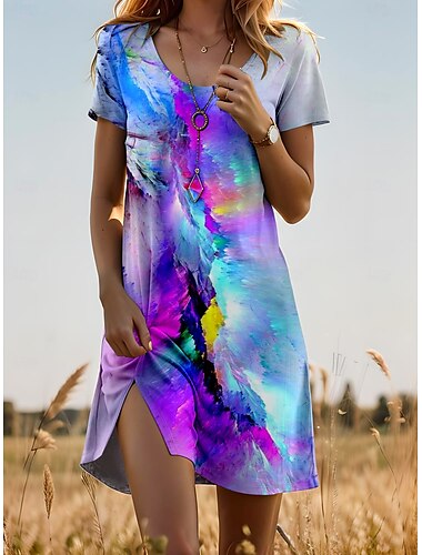  Femmes Mini Robe Robe T-Shirt Robe trapèze Robe d'été Vacances Occasionnel Quotidien Coupe régulière A Ombre Graphique Manche Courte Col ras du cou Violet Été Printemps