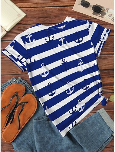  Mujer Camiseta A Rayas Ancla Casual Manga Corta Escote Redondo Tops regulares Diario Estampado Azul Real Verano