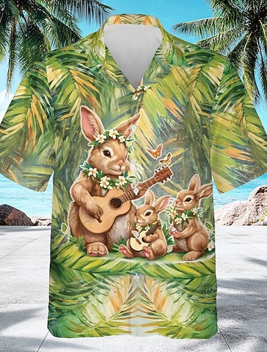  Pasqua Per uomo Coniglietto Piante Stampa Floreale Camicia Camicia con colletto cubano Camicia con Bottoni Manica Corta Vintage Retrò Ferie Festival Estate Primavera Camicia con colletto camp Stampa