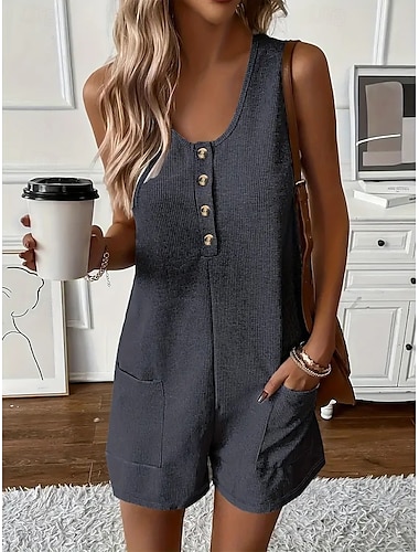  Femmes Normal Combishort Occasionnel Couleur Unie Sans manches Shorts amples Col ras du cou Boutons Avec Poches Sport Quotidien Coupe régulière Noir Vert Véronèse Marron Été