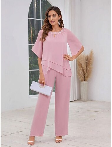  Hosenanzug Brautmutterkleid Hochzeitsgast Elegant Einfach Rundausschnitt Bodenlang Polyester Dreiviertelarm mit Einfarbig 2025