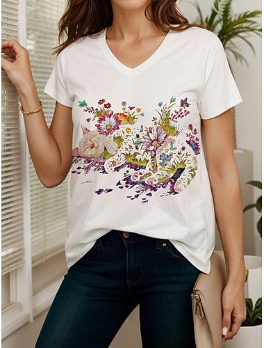  Per donna Maglietta Floreale Grafico Gatto Casual Manica Corta Scollo a V Top Regolari Quotidiano Uscire Abbigliamento mare Stampato Bianco Estate