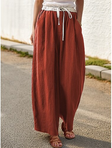  Damen Hose aus Baumwollleinen Chinos Baggy-Hosen Alltagstauglich Komfort Volle Länge Hohe Taille Einfarbig Patchwork Tasche Kordelzug Atmungsaktivität Bequem Mikroelastisch Lässig Alltagskleidung Rot