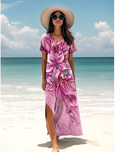  Damen Maxikleid Sommerkleid A Linie Kleid Urlaub Lässig Täglich Normale Passform Blumen Grafik Kurzarm V Ausschnitt Rosa Blau Purpur Frühling Herbst
