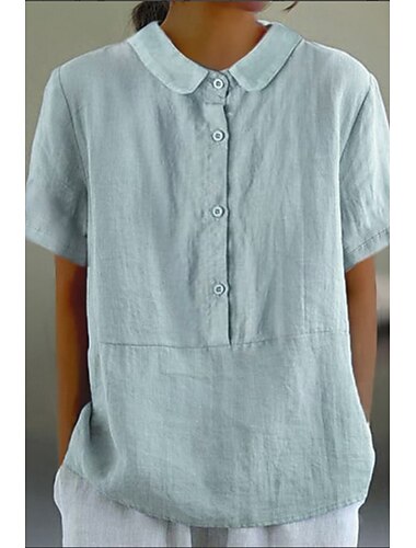  Dame Skjorte Imiteret bomuldslinned Knapper Ternet Daglig Stilfuld Basale Kortærmet Krave Almindelige toppe Daglig Ferie I-byen-tøj Blå Hvid Lyseblå Sommer