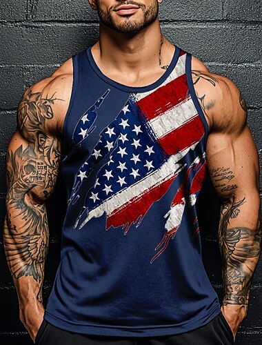  Amerikanischer Unabhängigkeitstag Herren Amerikanische US-Flagge T Shirt Weste Ärmellos T-Shirt 3D-Druck Rundhalsausschnitt Hemd Urlaub Lässig Hawaiianisch Ferien Schwarz Weiß Blau Sommer Frühling