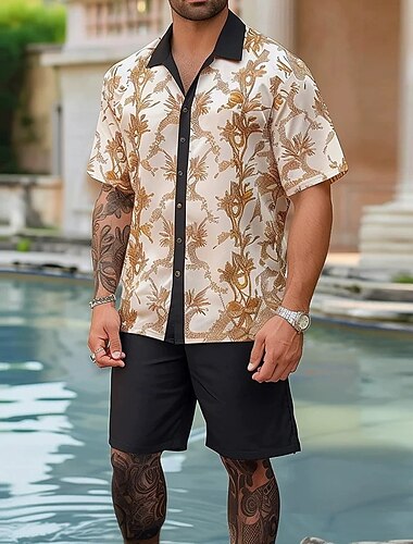  Homens Plantas 2pcs Conjuntos de camisas Tops de verão Manga Curta Calças curtas Aberto para a Lateral Casual Diário Recorrer Casa Casual Piscina Impressão 3D Verão Marron