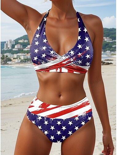  O Independence Day Dames Badmode Patriottische Vierde Juli Bikini 2-delig Cheeky Badpak Rugloos Vakantie Strandkleding Grafisch Vlag Halter Nek Mouwloos Badpakken