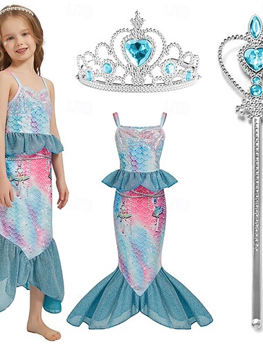  Die kleine Meerjungfrau Kleine Meerjungfrau Prinzessin Meerjungfrau Kleid Themenparty-Kostüm Cosplay Film Cosplay for Mädchen Kinder Karneval Maskerade Party Ferien