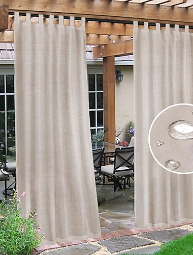  buitenlinnen doorschijnende gordijnen voor terras waterdichte scheidingswand binnen/buiten privacy toegevoegd licht filtering veranda decor met afneembare zelfklevende tab top voor tuinhuisje/cabana, naturel, 2 panelen