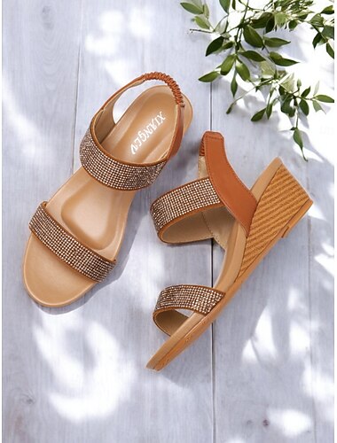  dames sandalen met strass-sleehak – bruine open teen comfortabele schoenen met elastische band voor zomerse, casual en chique gelegenheden