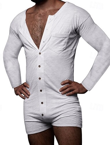  Hombre Mono Conjunto de pantalones cortos y camiseta Manga Larga Cuello Barco Verano Color sólido Ropa de Gimnasia Casual Una Sola Pieza Botón frontal Delgado Vacaciones Ropa Cotidiana Negro Blanco