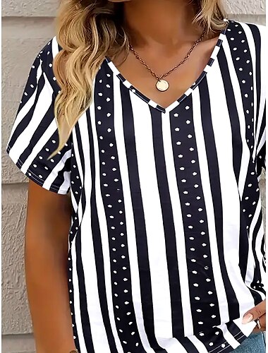  Mujer Camiseta A Rayas Moda Hawaiano Casual Manga Larga Escote en Pico Tops regulares Diario Noche Fin de semana Estampado Negro Verano Primavera