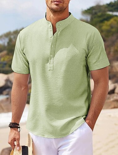  Herren Hemd Popover-Hemd Sommerhemd Freizeithemd Strandhemd Knopfhemd Schwarz Weiß Rosa Marineblau Blau Kurzarm Einfarbig Stehkragen Henley Urlaub Hawaiianisch Schnalle Bekleidung Polyester Mode