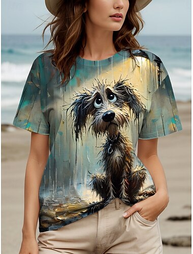  Pentru femei Tricou Grafic Animal Câțel Stilat Casual Manșon scurt Rotund Topuri obișnuite Zilnic Sfârșit de săptămână Imprimeu Verde salvie Vară Primăvară