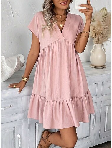  Damen Mini Kleid A-Linien Kleid Sommerkleid Einfarbig Lässig Alltag Regelmäßige Passform Grafik Kurze Ärmel V-Ausschnitt Rosa Grün Aprikose Sommer