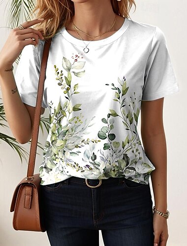  Damen T Shirt Blumen Lässig Kurzarm Rundhals Normale Oberteile Täglich Druck Schwarz Weiß Hellgrün Blau Purpur Sommer