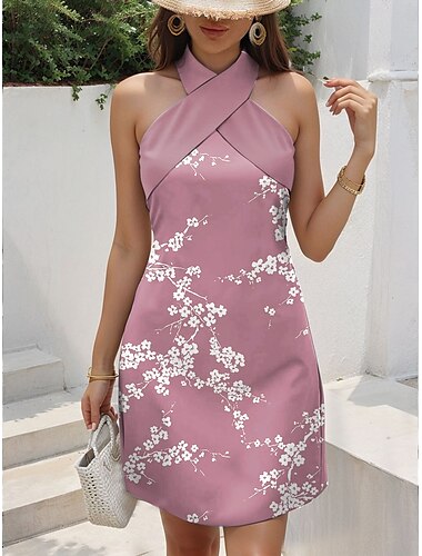  Damen Minikleid Sommerkleid A Linie Kleid Urlaub Lässig Outdoor Ausgehen Normale Passform Blumen Grafik Ärmellos V Ausschnitt Rosa Blau Grün Sommer