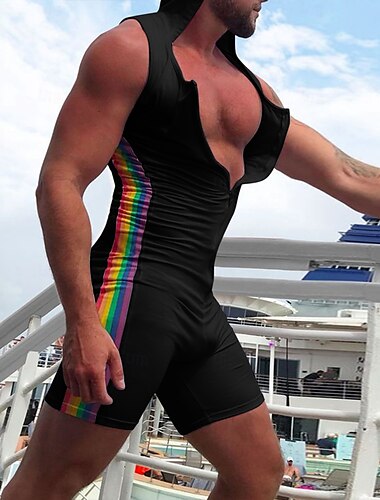  Herren Bodysuit T-Shirt Anzüge Tanktop und Shorts Ärmellos Rundhalsausschnitt Sommer Farbblock Sexy Einteilig Mit Kapuze Urlaub Alltagskleidung Sportkleidung Schwarz Weiß Top T-Shirt für Herren