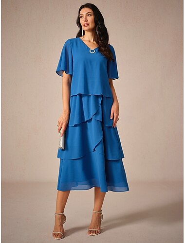  Damen Midikleid Chiffon-Kleid Elegant Stilvoll Fließend Hochzeit kleid hochzeitsgast Lockere Passform Feste Farbe Kurzarm V Ausschnitt Königliches Blau Sommer Frühling
