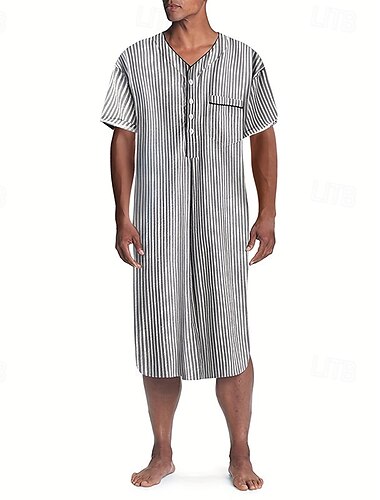  Hombre Ropa de salón Bata de noche Camisa de dormir Raya Elegante Confort Batas tipo kimono Hogar Diario Poliéster Transpirable Escote en Pico Manga Corta Verano Blanco + negro
