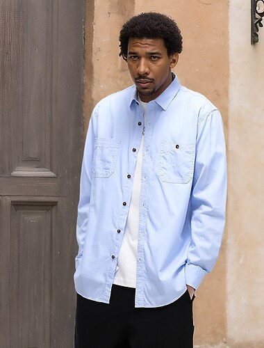  Men's Summer Shirt Casual Shirt Beach Shirt Button Up Shirt grey blue Black Blue Sky Blue Deep Blue Long Sleeve Plain Lapel Vacation Hawaiian Button-Down Clothing Apparel Fashion Casual Comfortable