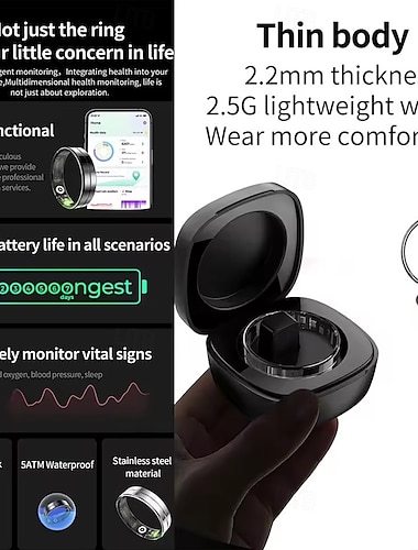  Anillo inteligente de moda R11, ultrafino, de 2,2 mm de grosor, con carcasa de acero inoxidable, monitor de salud y actividad física, monitor de ritmo cardíaco y oxígeno en sangre.