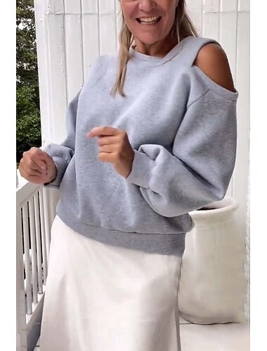  Damen Übergröße Pullover Sweatshirt Einfach Lässig Langarm Hoher Ausschnitt Normale Oberteile Ausgehen Schwarz Weiß Hell Gray Beige Herbst Winter