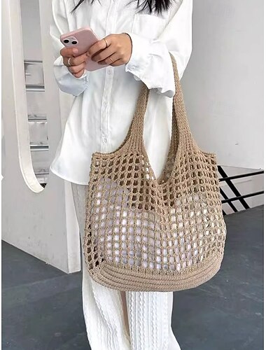  handgemachte gehäkelte Netz-Tragetasche – leichte und umweltfreundliche Strand-Umhängetasche, Boho-Stil, wiederverwendbare Einkaufstasche für Frauen, Sommerurlaub und den täglichen Gebrauch
