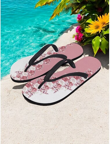  Damen-Flip-Flops mit Blumenmuster – elegante Strandsandalen mit Rosenmuster, lässige Sommerpantoffeln für Urlaub und Pool