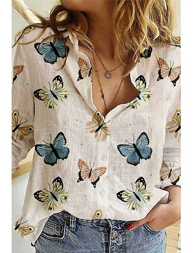  女性用 シャツ ブラウス バタフライ フラワー 近代の カジュアル 長袖 シャツカラー レギュラートップス 祝日 お出かけ ボタン プリント ホワイト ブルー カーキ色 ベージュ ライトブルー 夏
