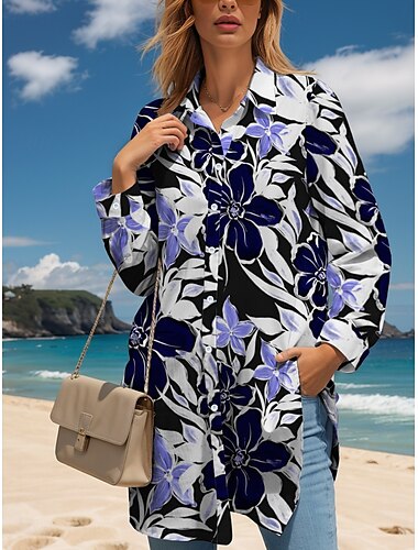  Damen Midikleid T-Shirt-Kleid Lässig Date Lässiger Schnitt Blumen Grafik Langarm Hemdkragen Blau Herbst Winter
