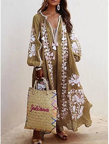 Femmes Robe Midi Robe trapèze Robe à manches bouffantes Vacances Anniversaire Vacances Soirée Graphique manche longue Col en V Rouge Bleu Bleu Ciel Orange Printemps Automne