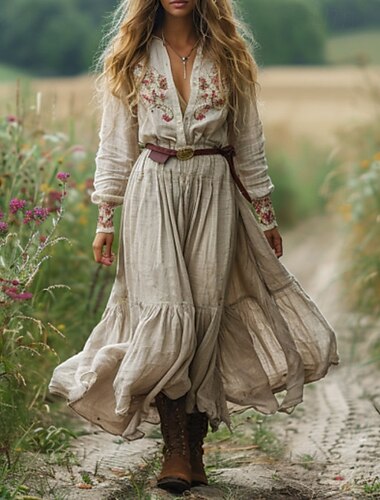  Dames Lange jurk maxi-jurk Vintage Jurk Swingjurk Jurk met print Westerse kleding Modieus Klassiek Buiten Vakantie Uitgaan Normale pasvorm Bloem Lange mouw V-hals Beige Zomer
