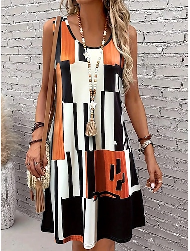  Dames Mini-jurk A lijn jurk Zomerjurk Off-the-shoulder jurk Vakantie Vintage Stijlvol Dagelijks Ruim Passend Grafisch Geometrisch Mouwloos U-hals Oranje Zomer Lente