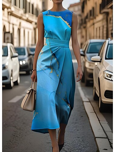  Damen Midikleid Etui-Kleid Lässig Formell Halbformelle Kleider Büro Täglich Grafik Ärmellos Rundhalsausschnitt Blau Purpur Grün Rosa Sommer Frühling