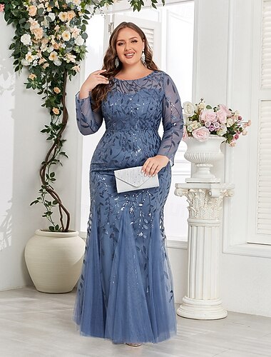  Havfrue Kveldskjoler Glitrende Formell kjole Formell Gulvlengde Langermet Crew-hals Champagne Mother Of the Bride-kjole Tyll med Broderi 2025