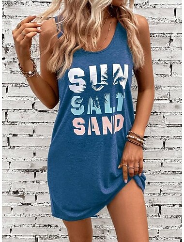  Damen Mini Kleid Sommerkleid Urlaub Lässige Strand tägliche lockere Passform Herz Grafik ärmellos U-Ausschnitt Schwarz Sommer
